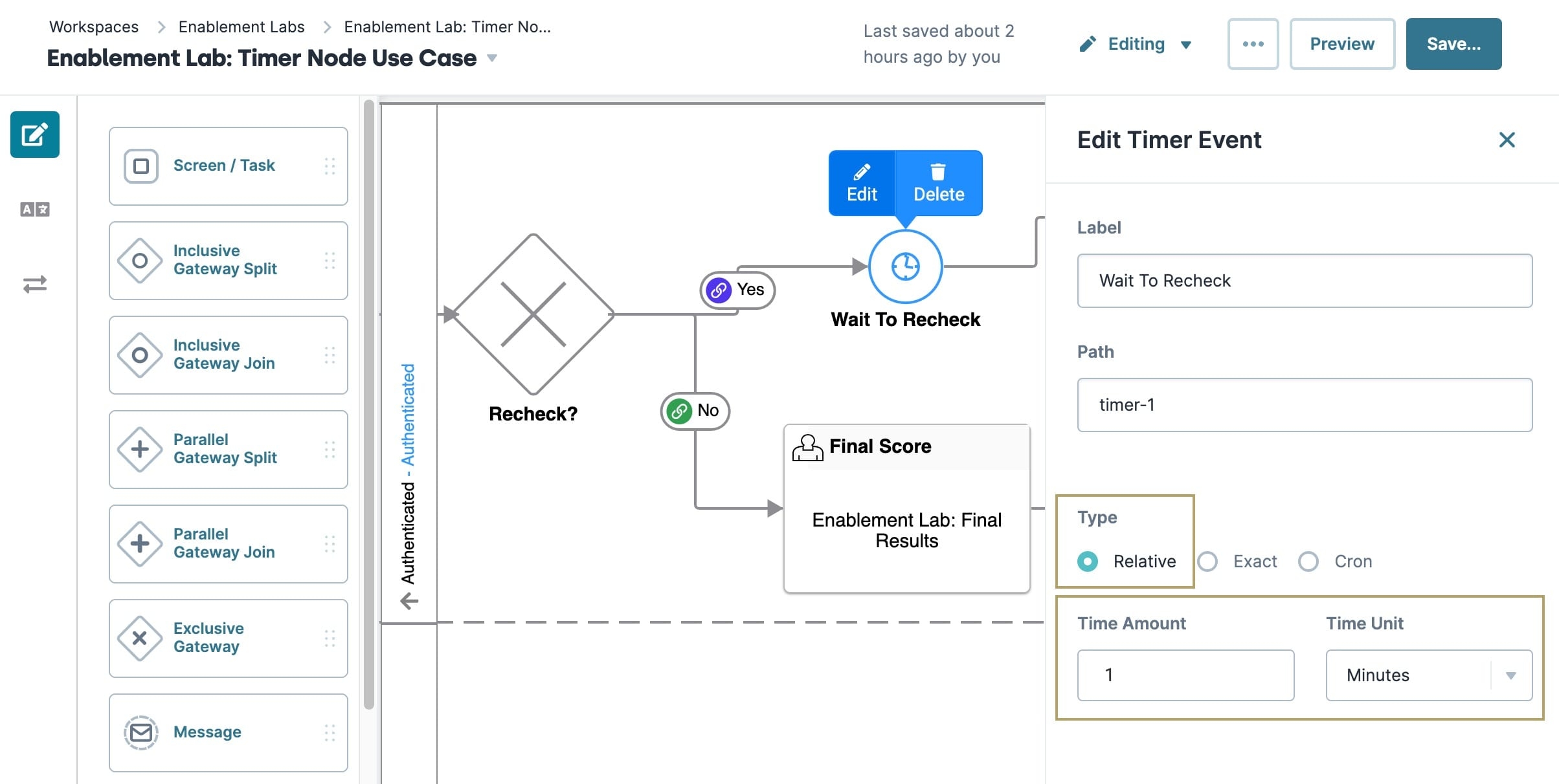 A static image displaying the Timer node labeled "Wait to Recheck", the Edit Timer Event panel is open and the Type, Time Amount, and Time unit settings are highlighted.