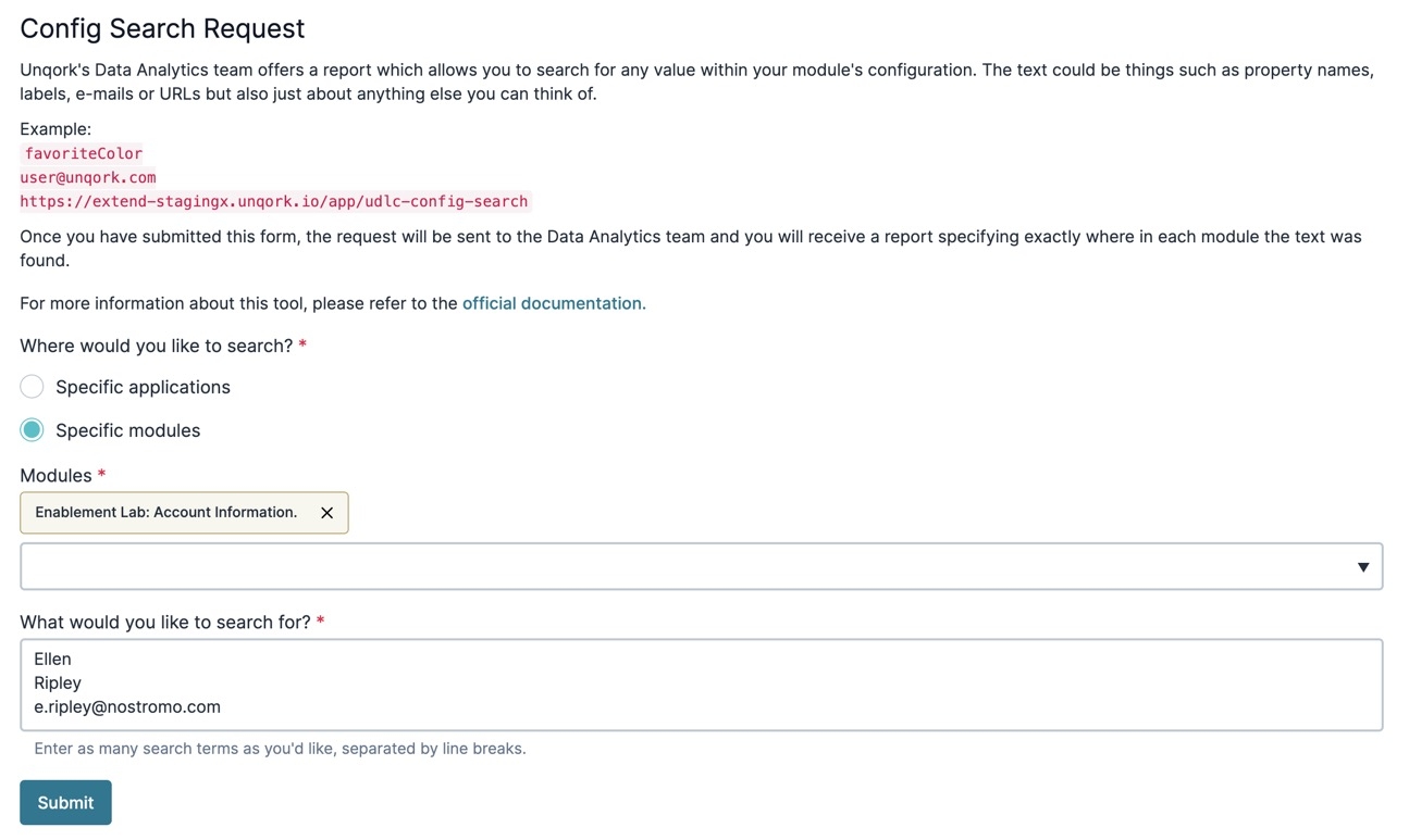 A static image displaying the Config Search Request page.