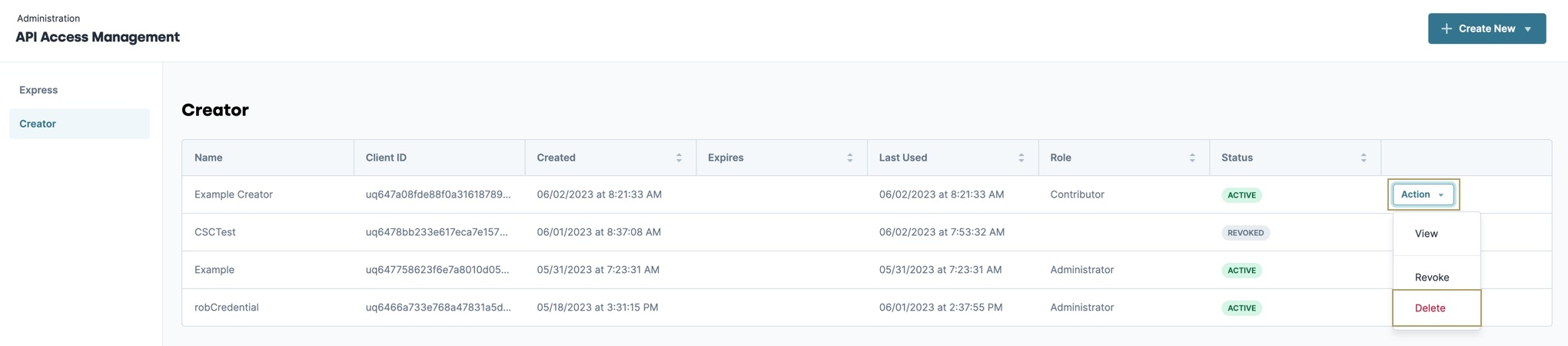 A static image displaying API Access Management Creator Credential list, the Actions button is highlighted and the drop-down is exposed to display the Delete button.