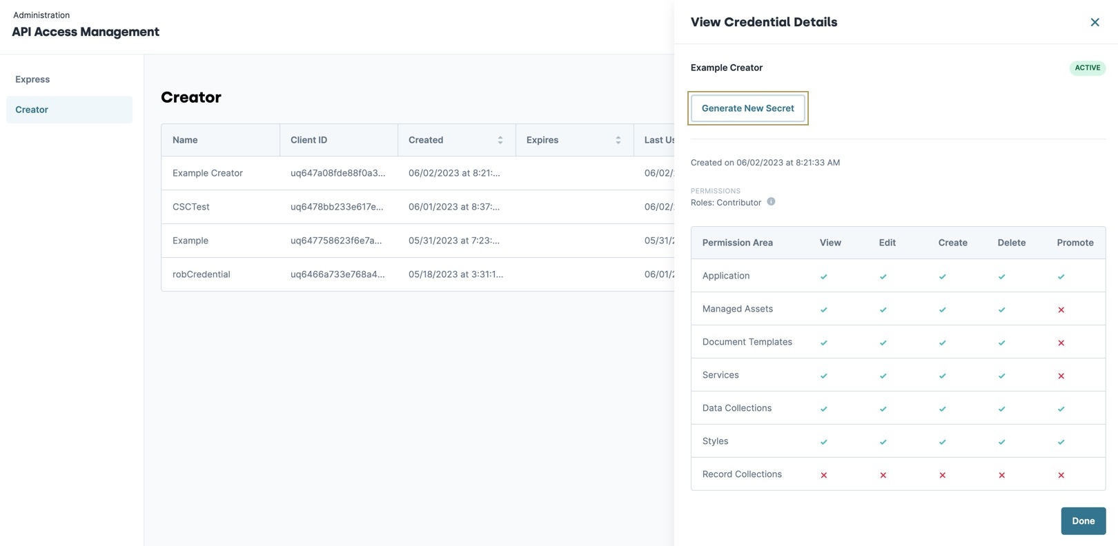 A static image displaying API Access Management Creator Credential list, the View Credential Details panel is open and the Generate New Secret button is highlighted.