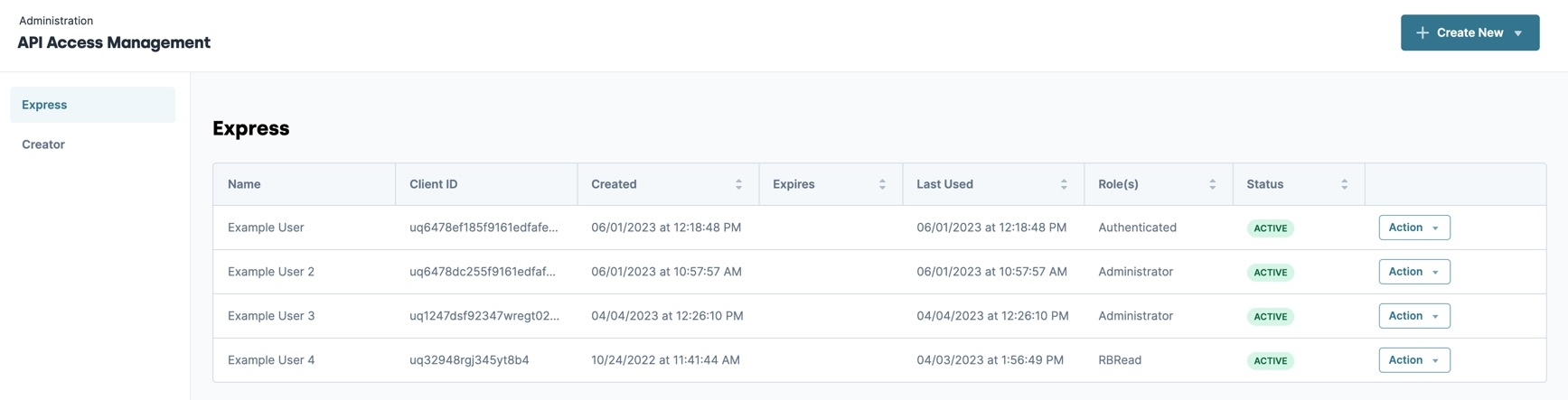 A static image displaying API Access Management Express User's List.