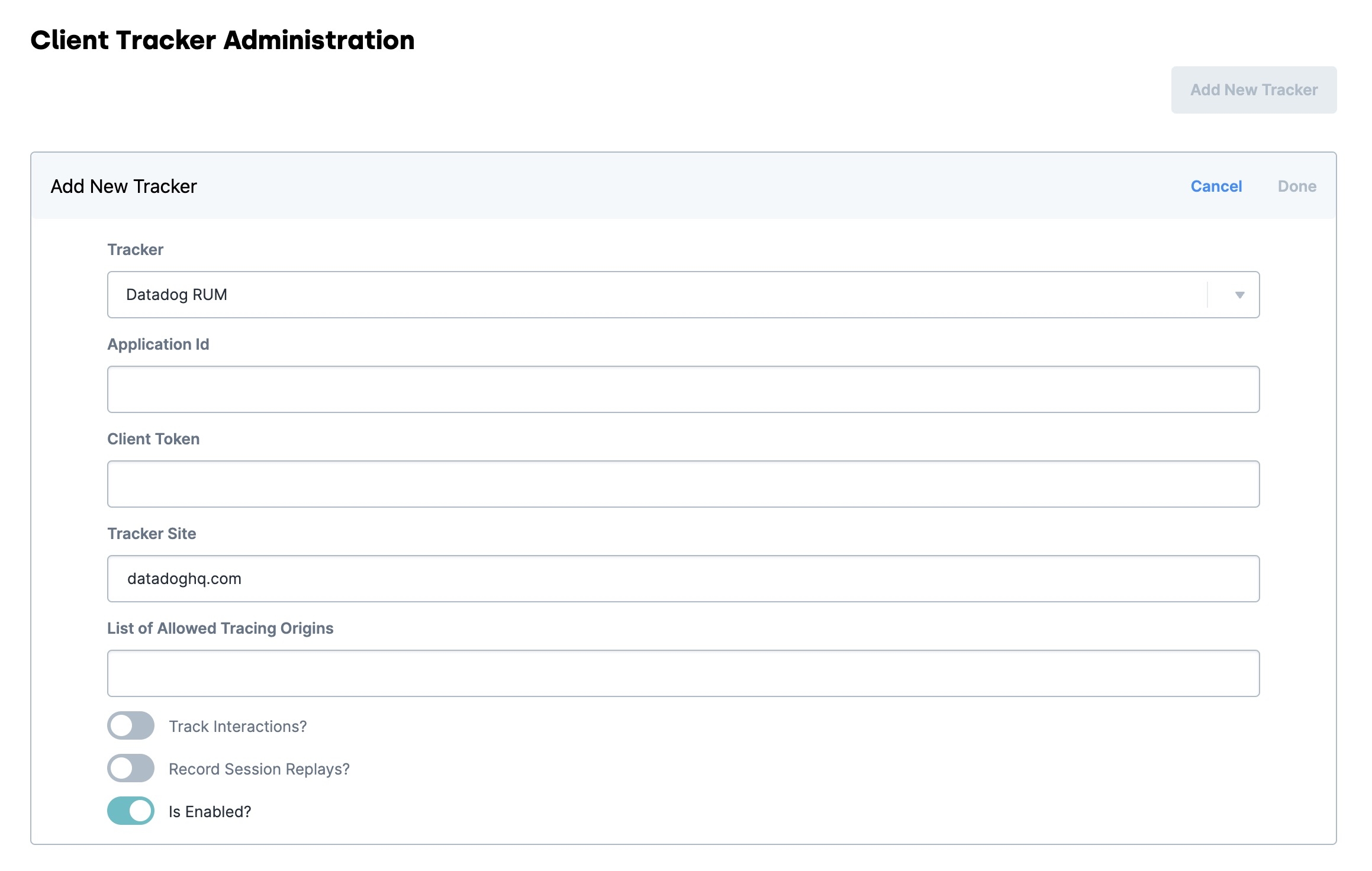 A static image displaying the required fields to configure a Datadog RUM client tracker.