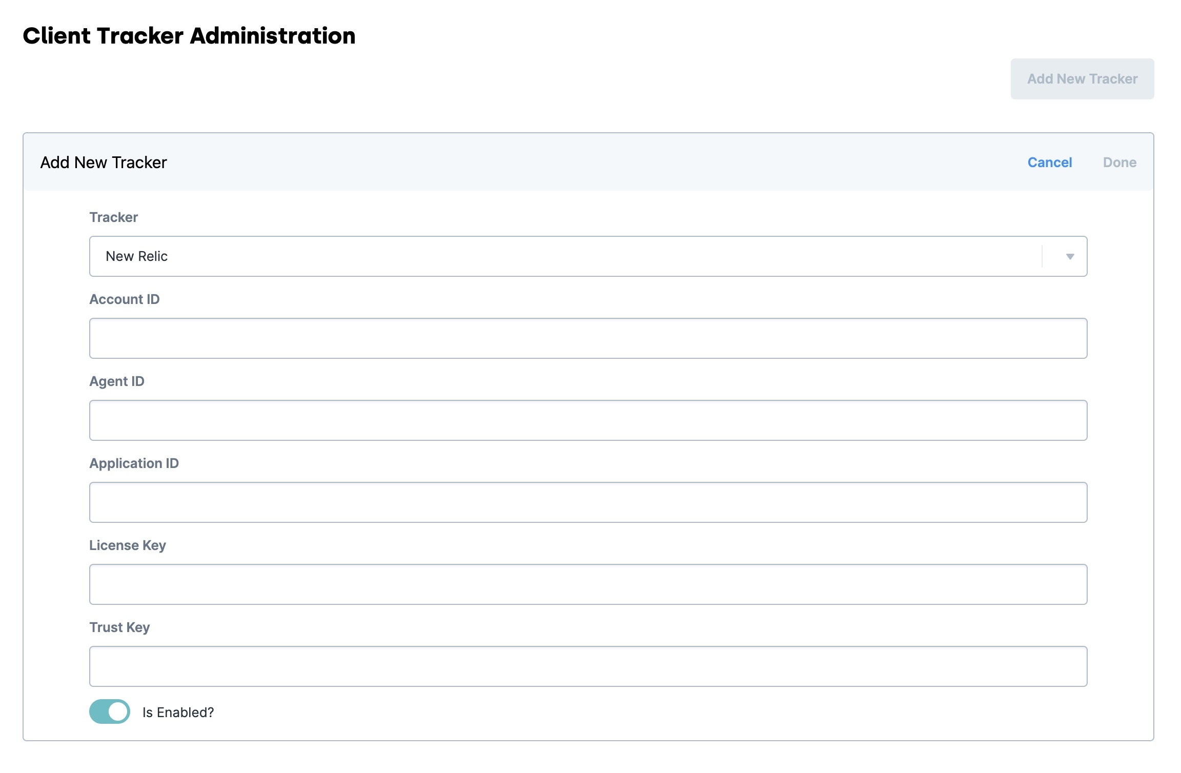 A static image displaying the required fields to configure a New Relic client tracker.