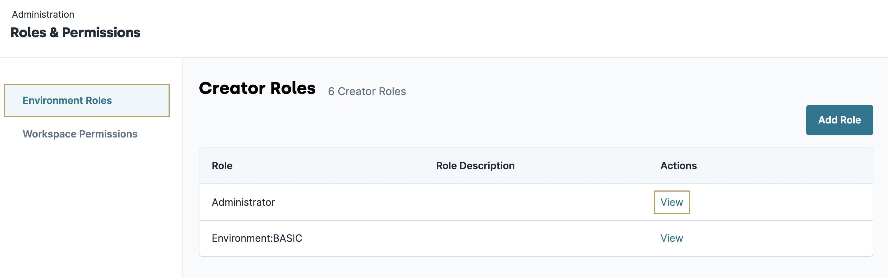 A static image displaying the Roles & Permissions page, the the View button next to Administrator is highlighted.
