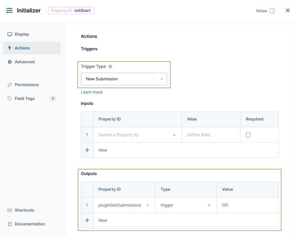 A static image displaying the initStart Initalizer's Actions settings.