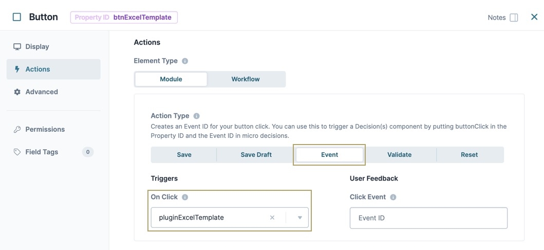 A static image displaying the btnExcelTemplate Button Component's Action settings. The Action Type is set to event and the On Click field is set to "pluginExcelTemplate".