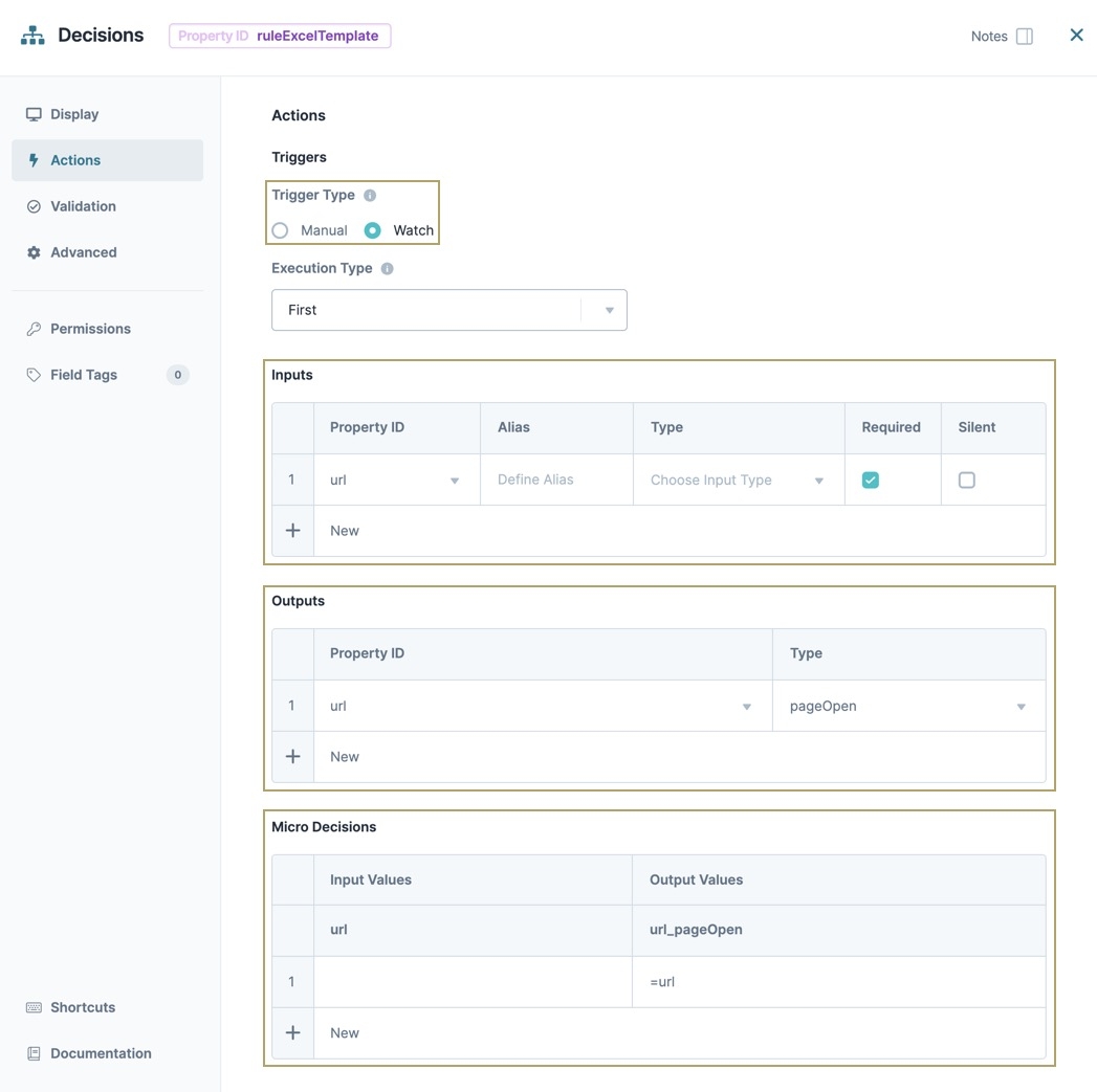 A static image displaying the ruleExcelTemplate Decisions Component's Actions settings.