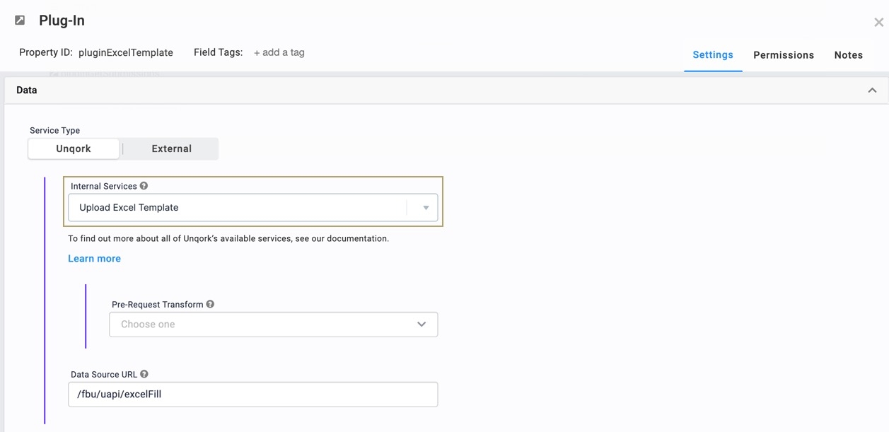 A static image displaying the pluginExcelTemplate Plug-In Component's Data Settings.