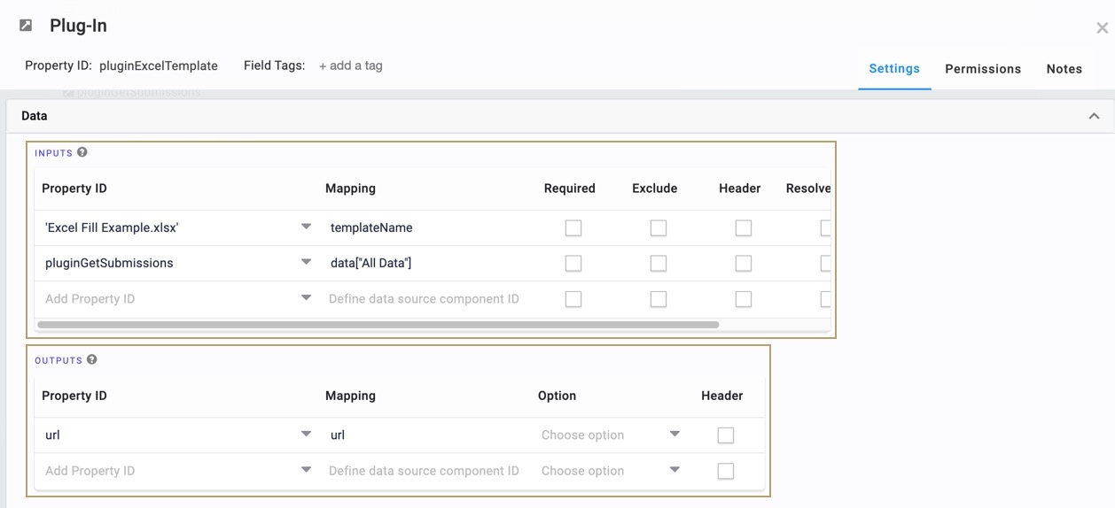 A static image displaying the pluginExcelTemplate Plug-In Component's Data Input and Output settings.