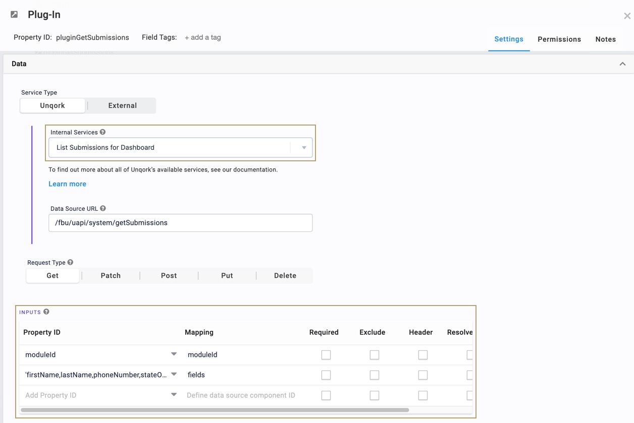 A static image displaying the pluginGetSubmissions Plugin Component's Data settings.