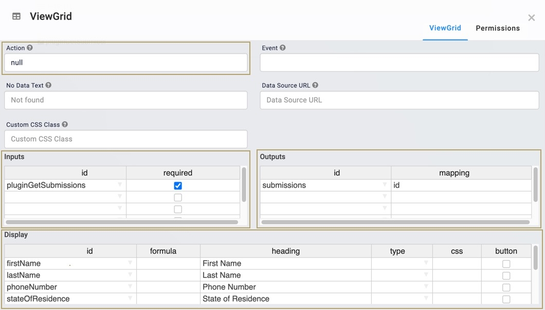 A static image displaying the vgSubmissions View Grid component's Action, Input, Output, and Display settings.