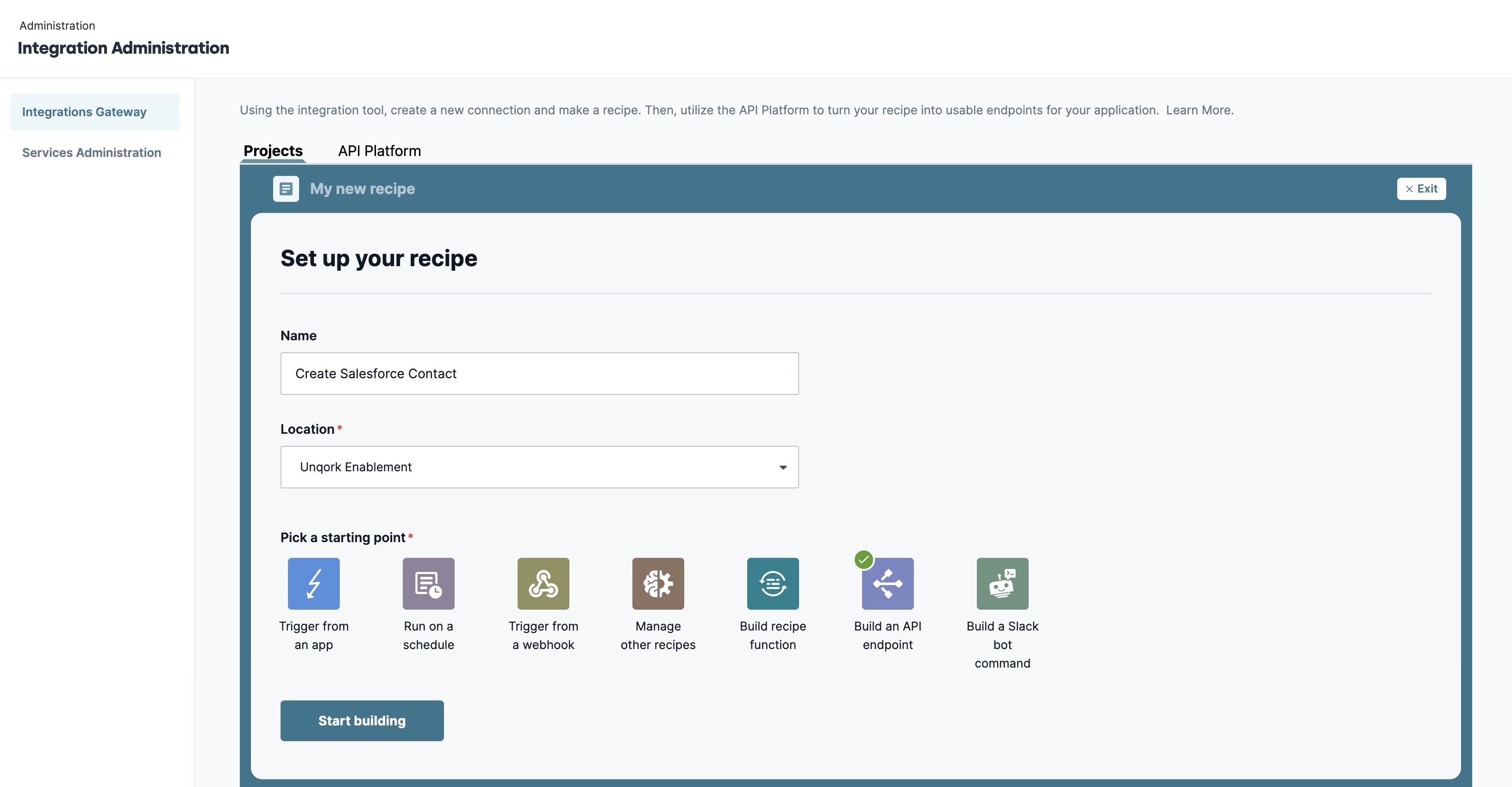 A static image displaying a configured recipe starting point.