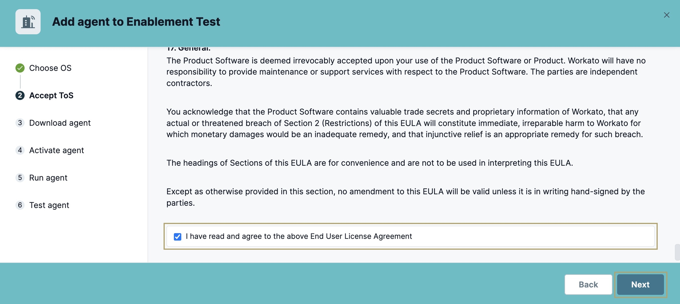 A static image displaying the acceptance checkbox of the terms of service to create the On-Prem Agent.
