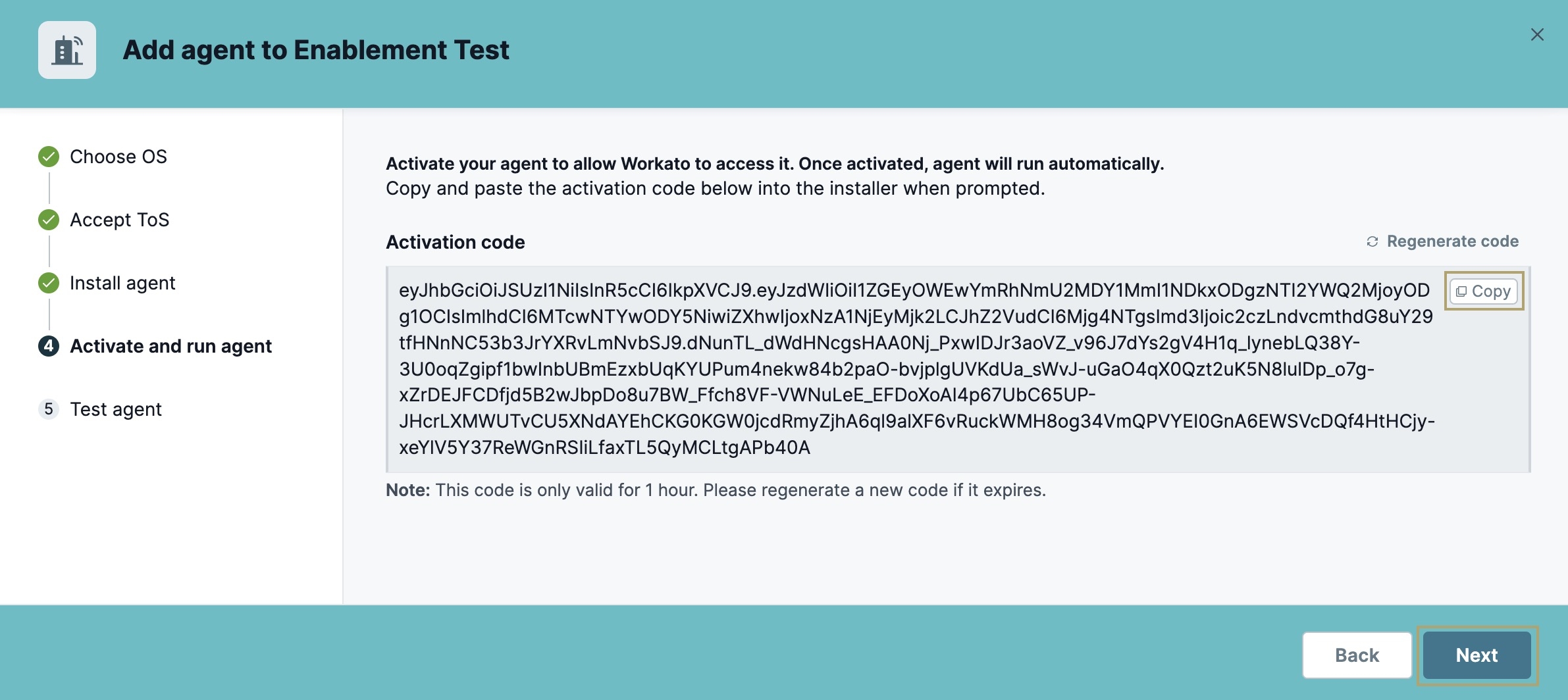A static image display the activation code you must copy and paste into the installation wizard to complete the activation of your On-Prem Agent.