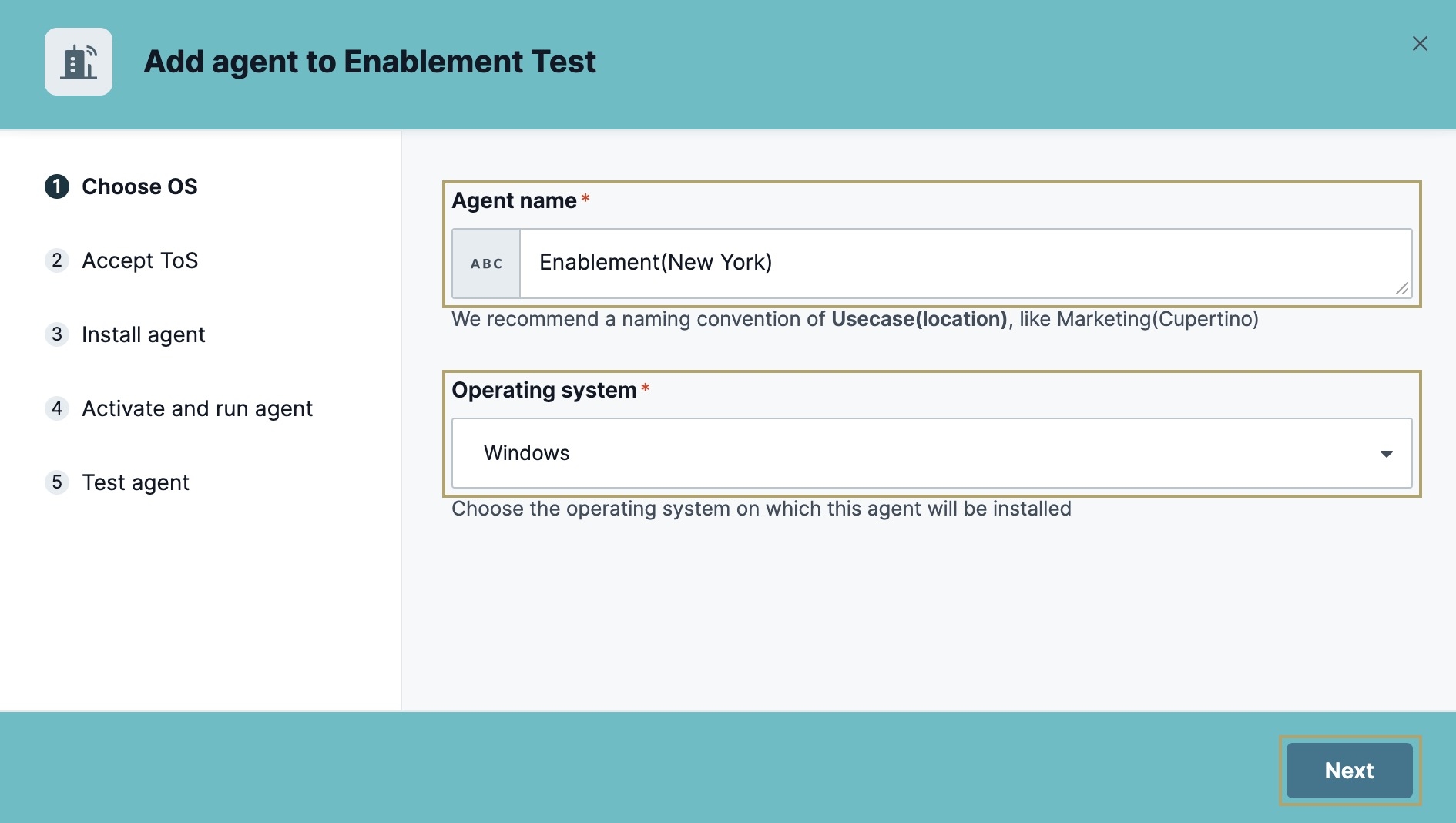 A static image displaying the Choose OS options for creating an On-Prem Agent using the Integrations Gateway.
