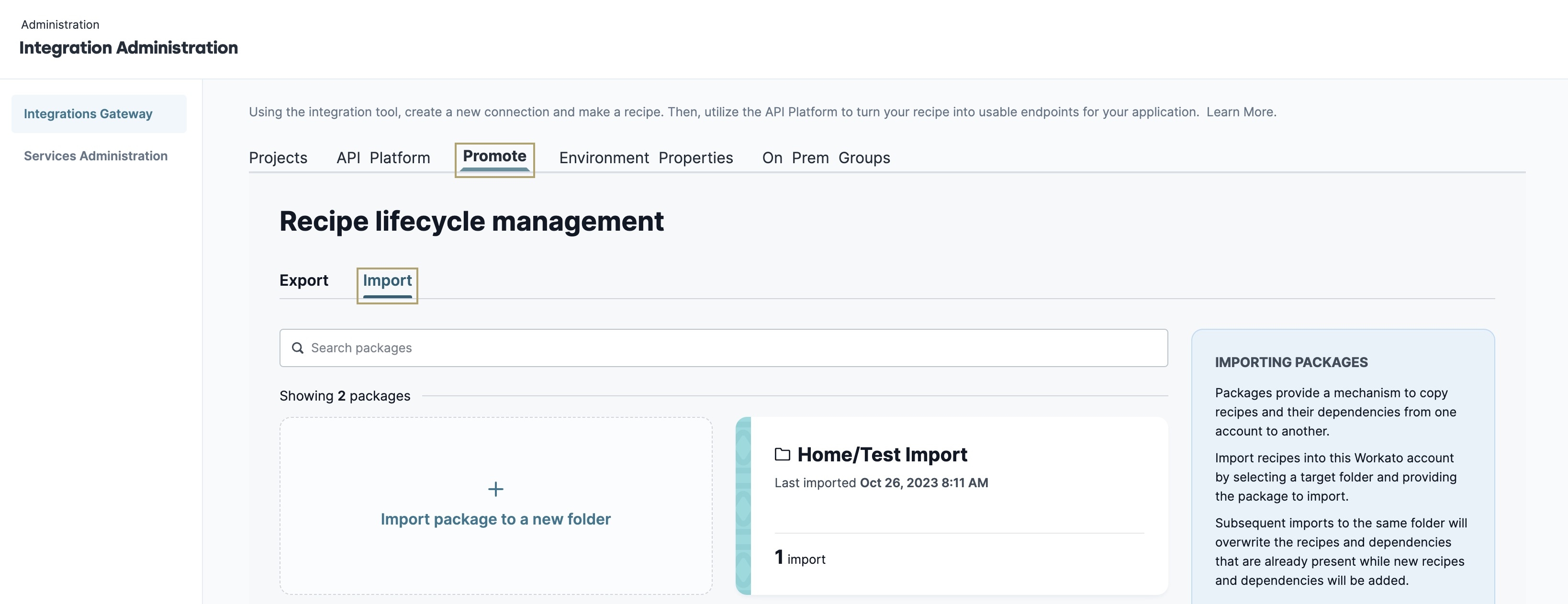 A static image displaying the selection of the Promote and Import tabs in the Integrations Gateway.