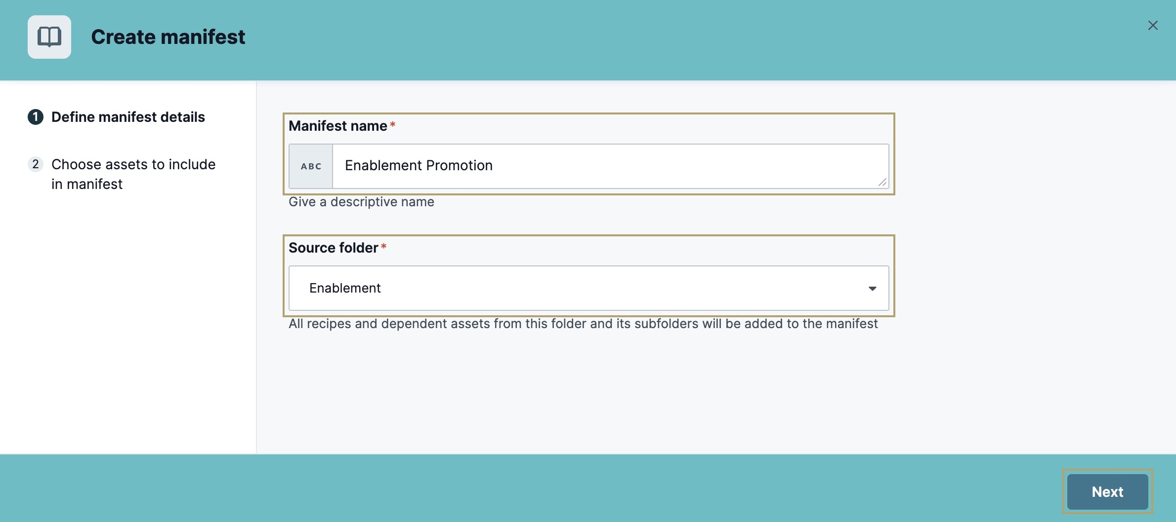A static image displaying the Create Manifest modal where you enter a manifest name and select a folder to whose assets you can include in it.