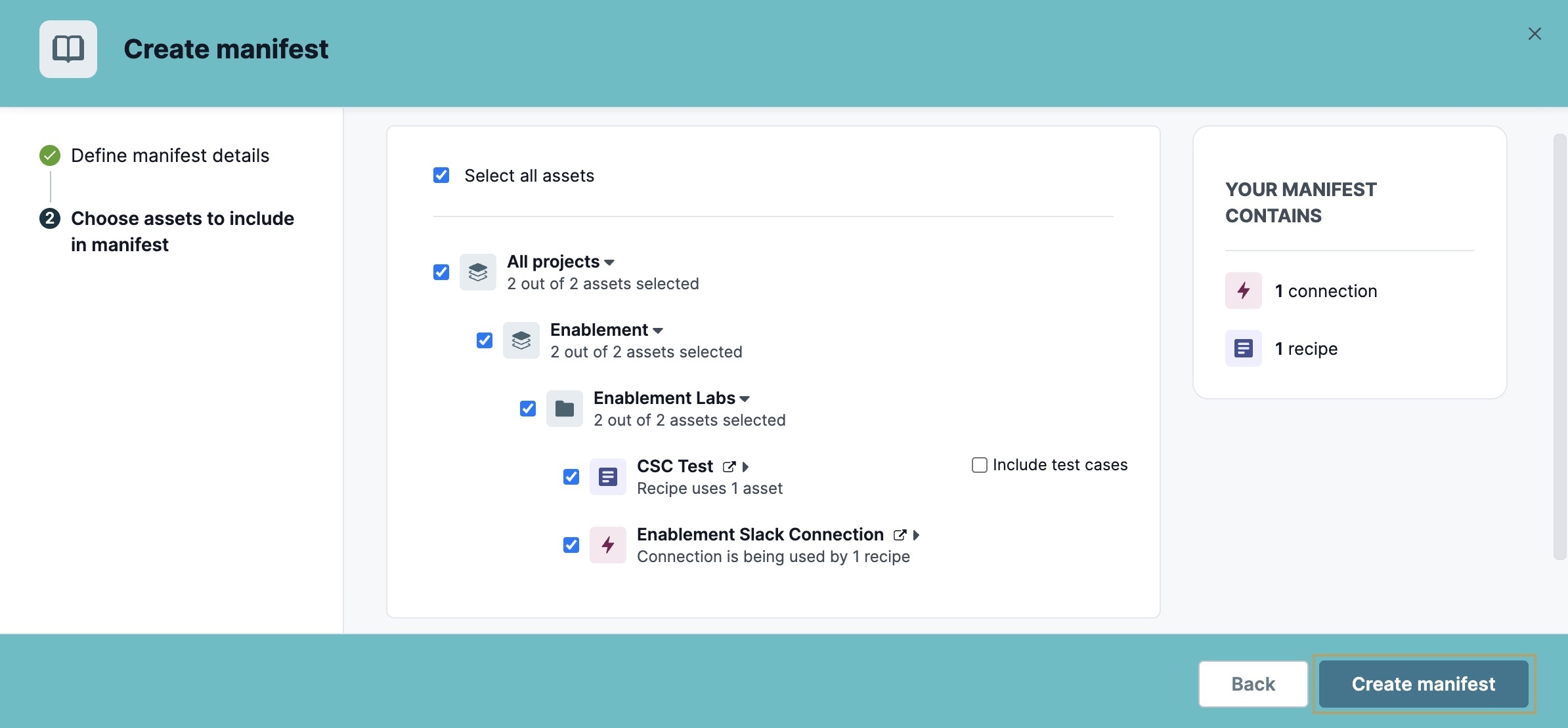 A static image displaying the Create Manifest modal where you can select the assets you want included in the manifest.