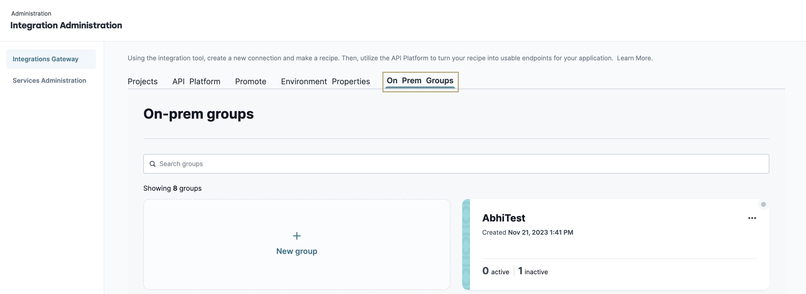 A static image displaying the selection of the On Prem Groups tab in the Integrations Gateway.