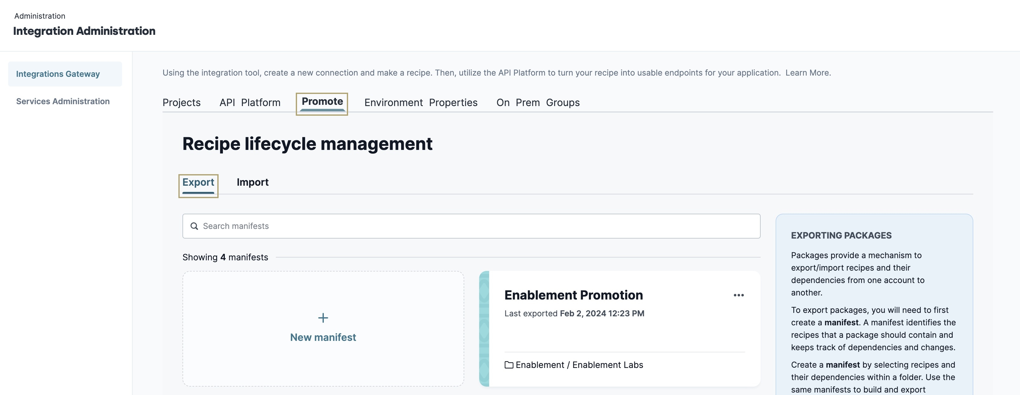 A static image displaying the selection of the Promote tab in the Integrations Gateway.