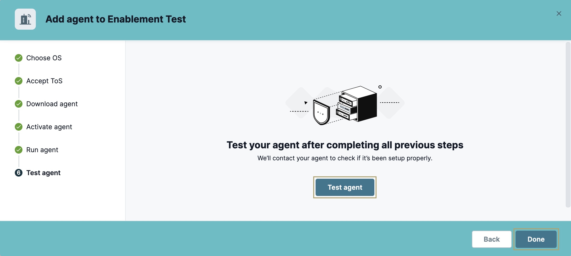 A static image displaying the final test step of the process to ensure your On-Prem Agent was successfully installed, activated, and running.