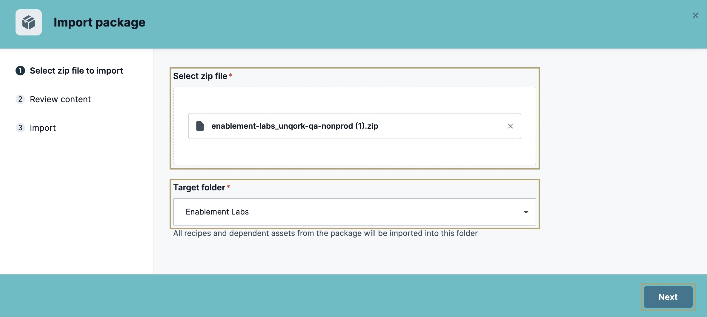 A static image displaying the uploaded asset file and the project folder where it will be stored.