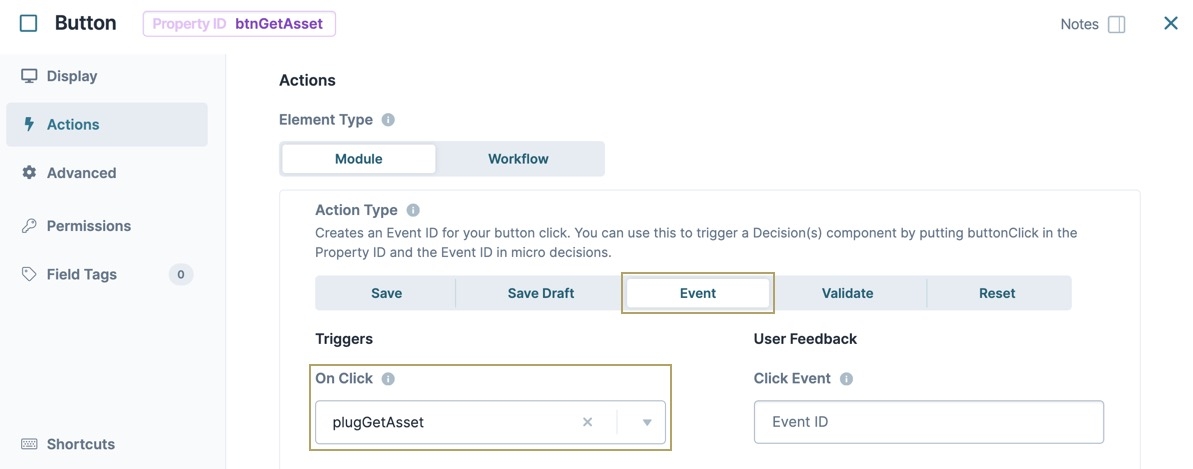 A static image displaying a Button Component with the with the On Click set to trigger the Plug-In.