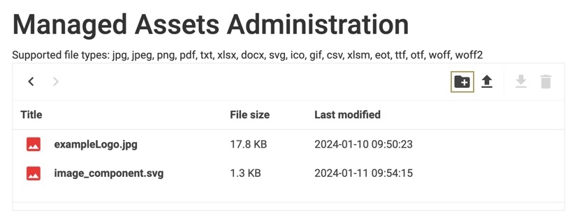 A static image of the Managed Assets page, the Create Folder icon is highlighted.
