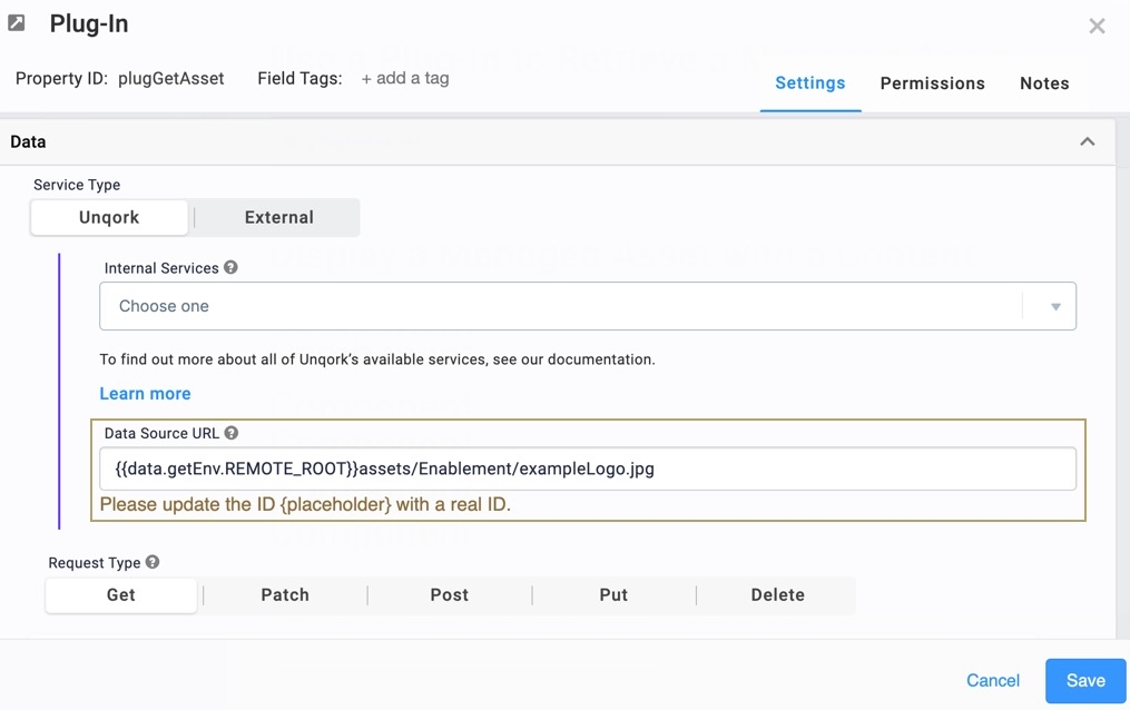 A static image displaying a Plug-In Component with the Data Source URL filled out.