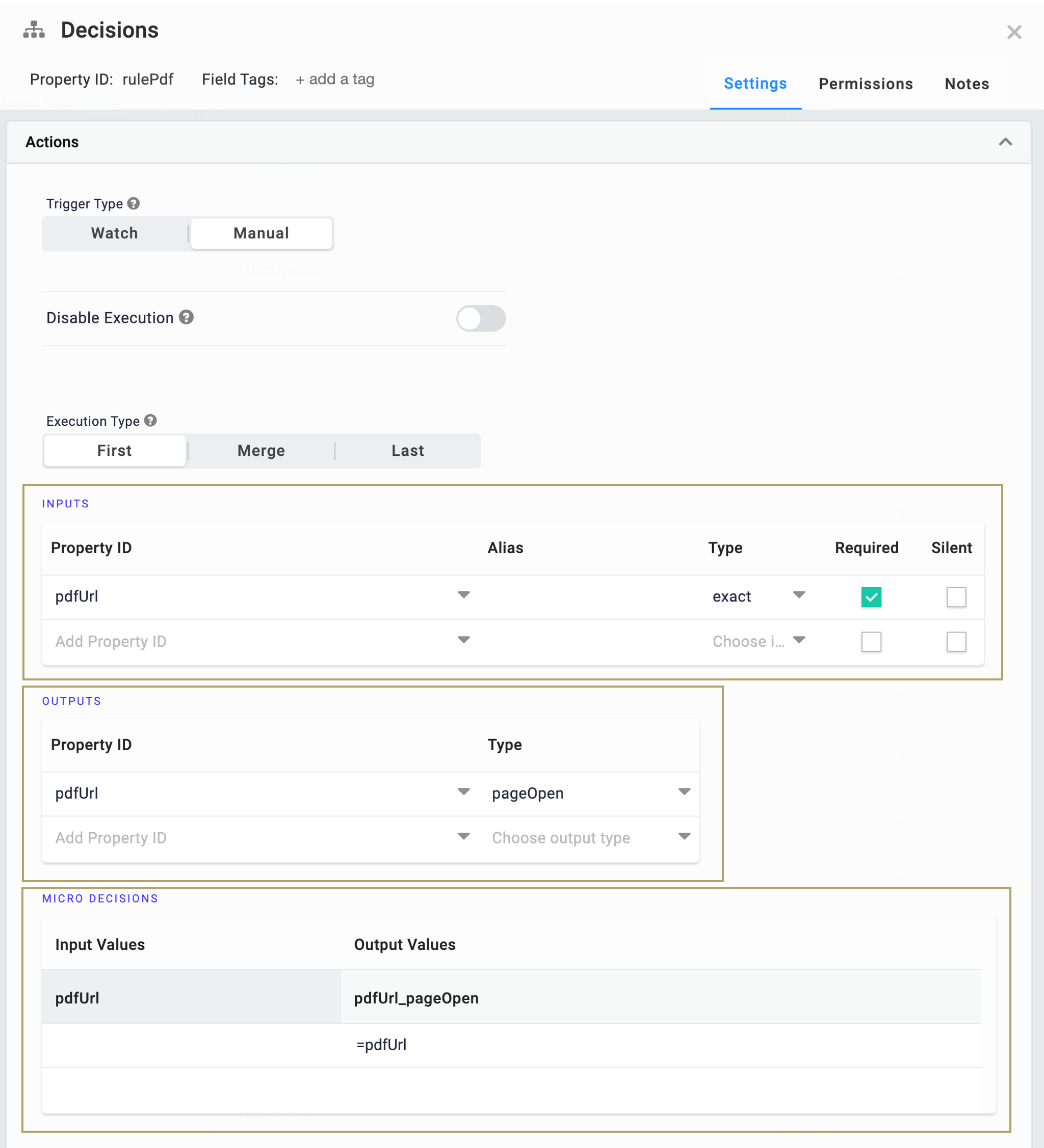 A static image of the Decisions component configuration panel. The Action panel is displayed and the Inputs, Outputs, and MicroDecisions sections are highlighted.