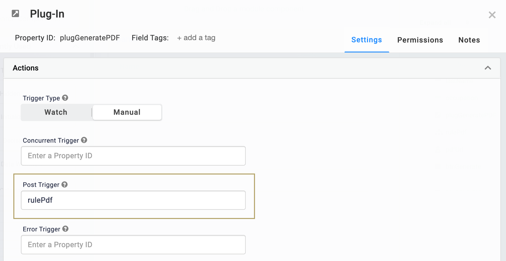 A static image of the Plug-In Configuration Actions Panel. The Post Trigger setting is highlighted in gold.