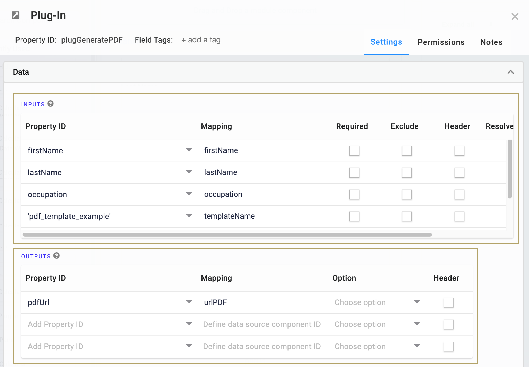A static image of the Plug-In Configuration page showing the Data Settings panel. Settings that have been changed are highlighted in gold.