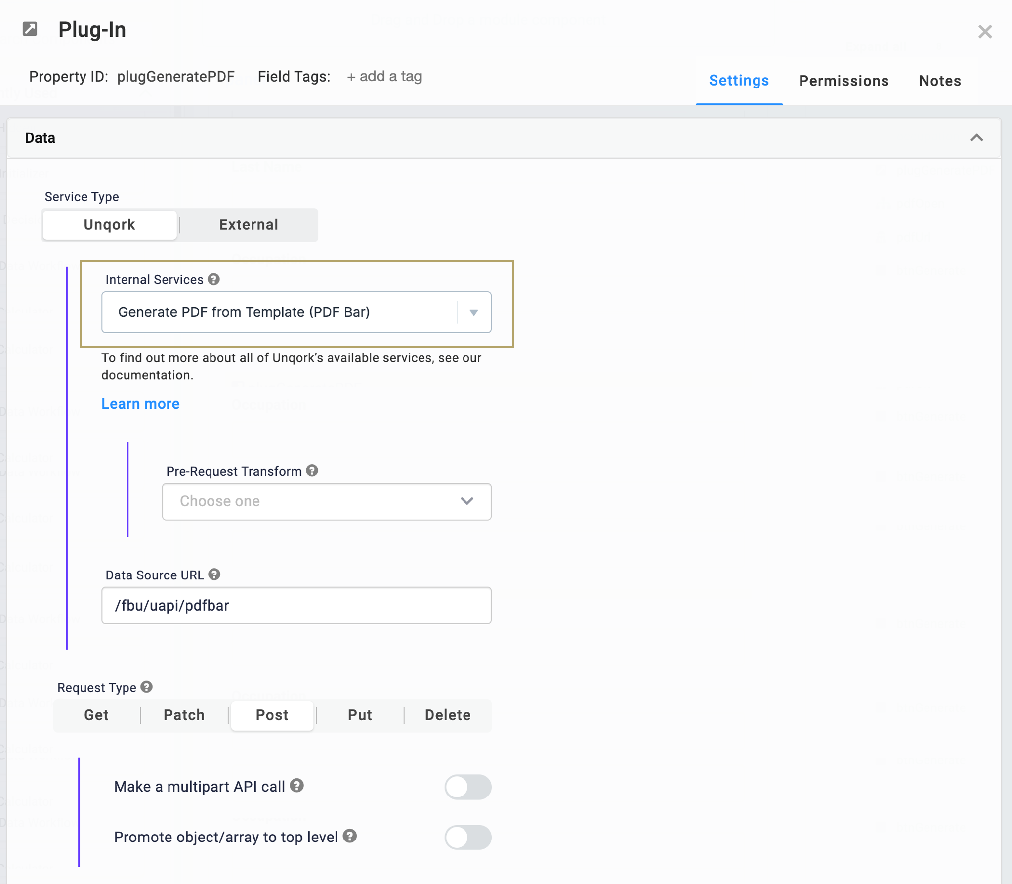 A static image of the Plug-In Configuration page showing the Data Settings panel. Settings that have been changed are highlighted in gold.