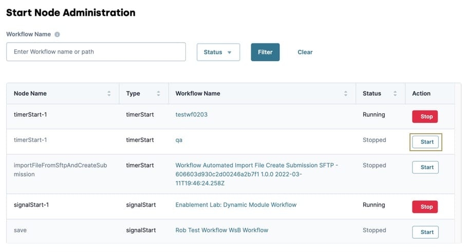 A static image displaying the Start Node Administration page. The Start button on a stopped workflow is highlighted.