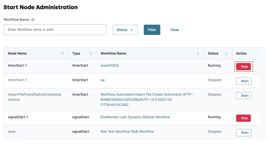 A static image displaying the Start Nodes Administration page. The stop button is highlighted on a running workflow.