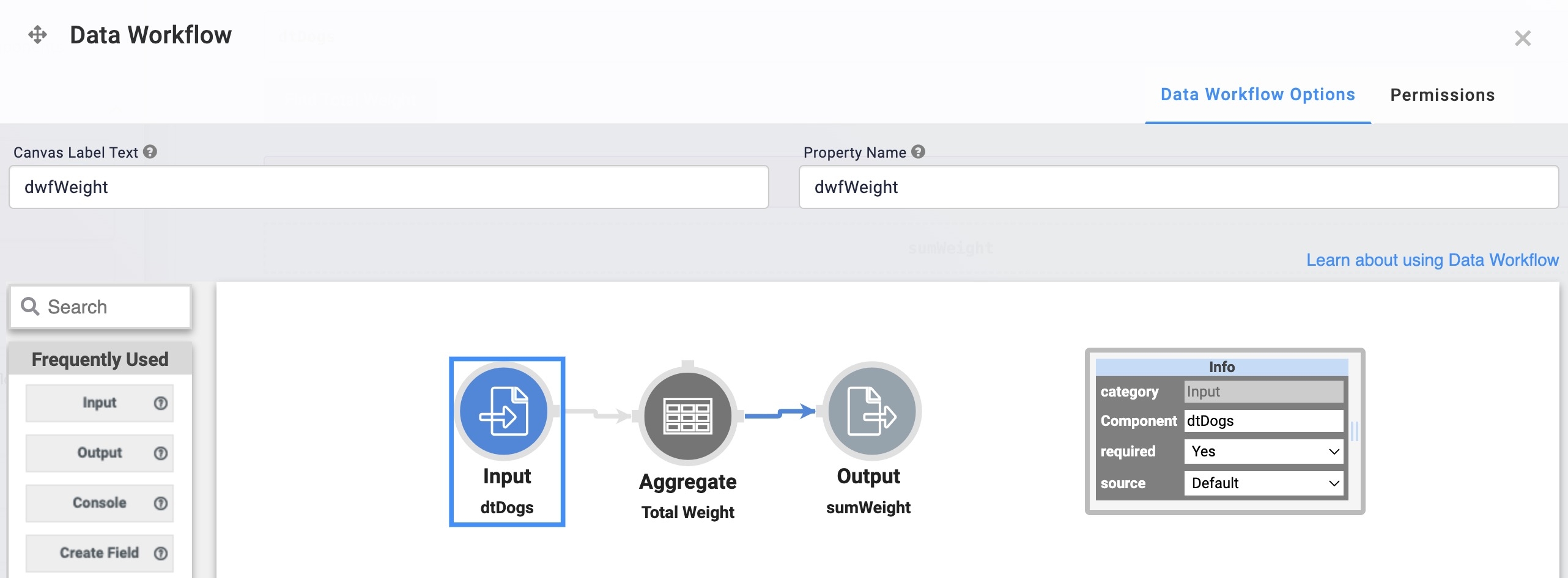 A static image displaying the Data Workflow component's completed configuration in the configuration window.