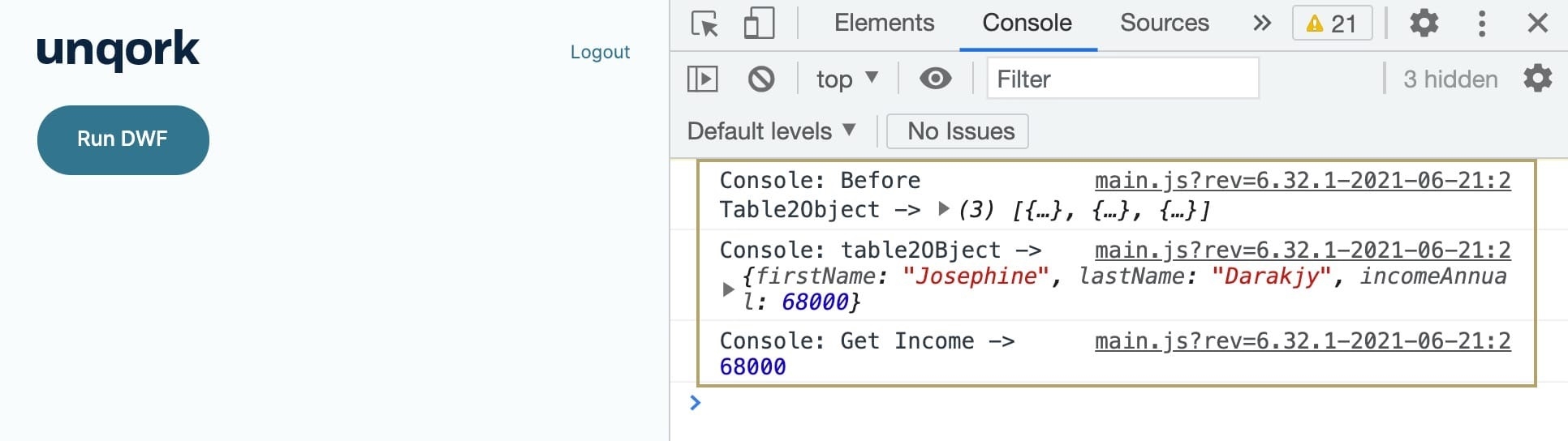 A static image displaying the data processes of the Data Workflow in the DevTools Console.