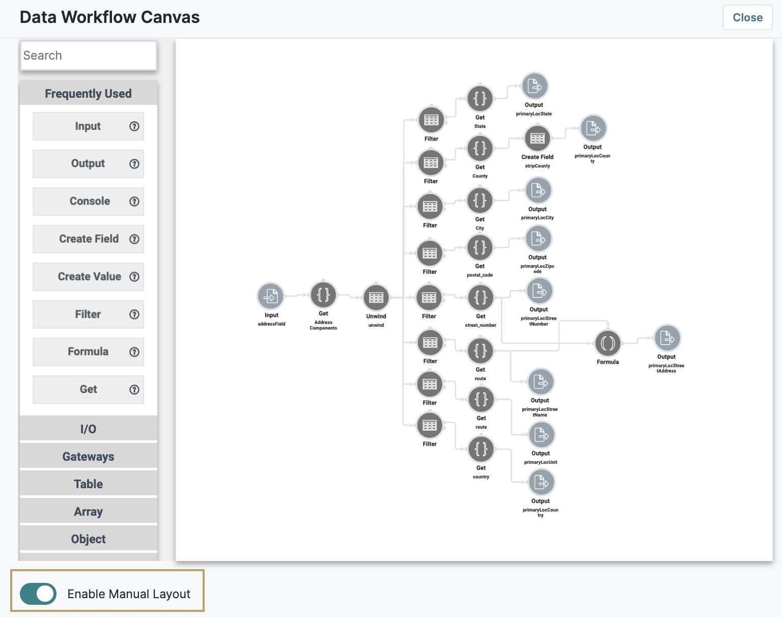 A static image displaying the Data Workflow operators organized when Enable Manual Layout is set to ON.