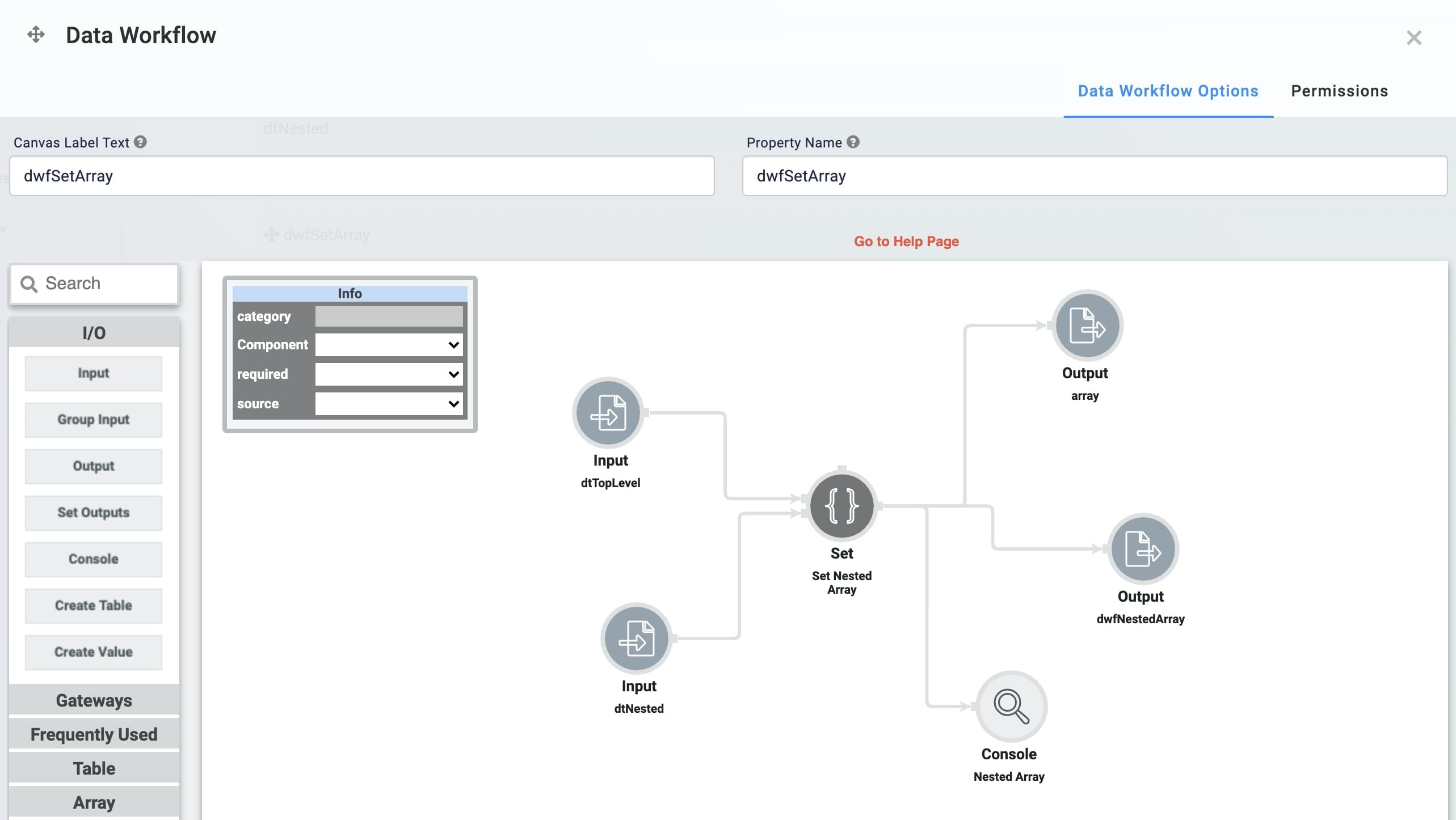 Static image displaying the Data Workflow configuration for the Nested Array operator use case.