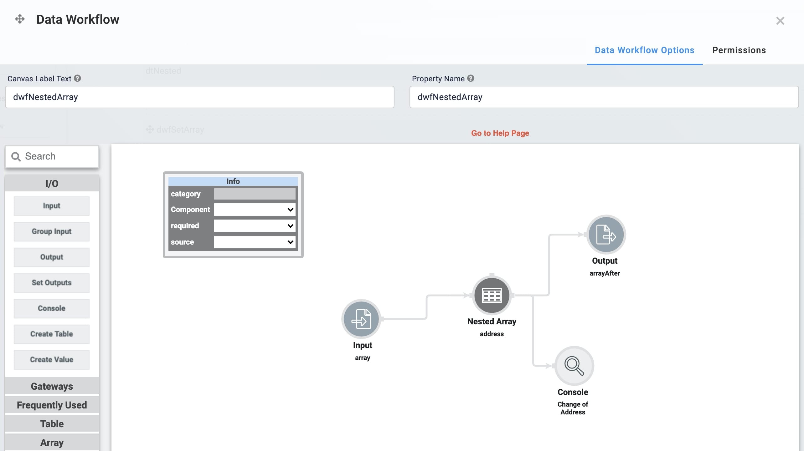 Static image displaying the second Data Workflow configuration for the Nested Array operator use case.