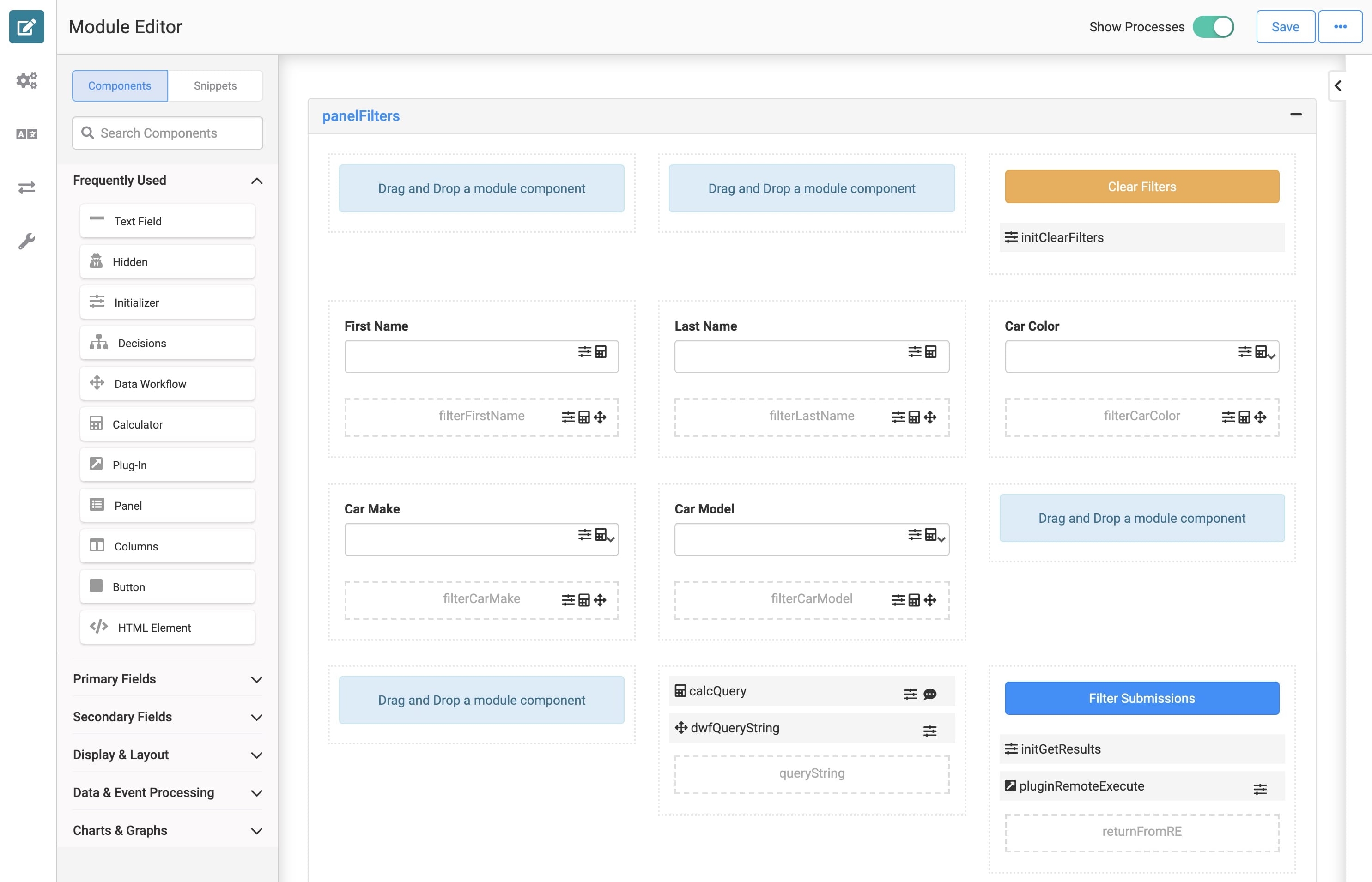A static image displaying a Car Insurance module using panels and columns to organize components.