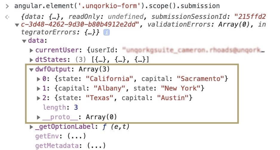A static image displaying the dwfOutput data in the DevTools Console.