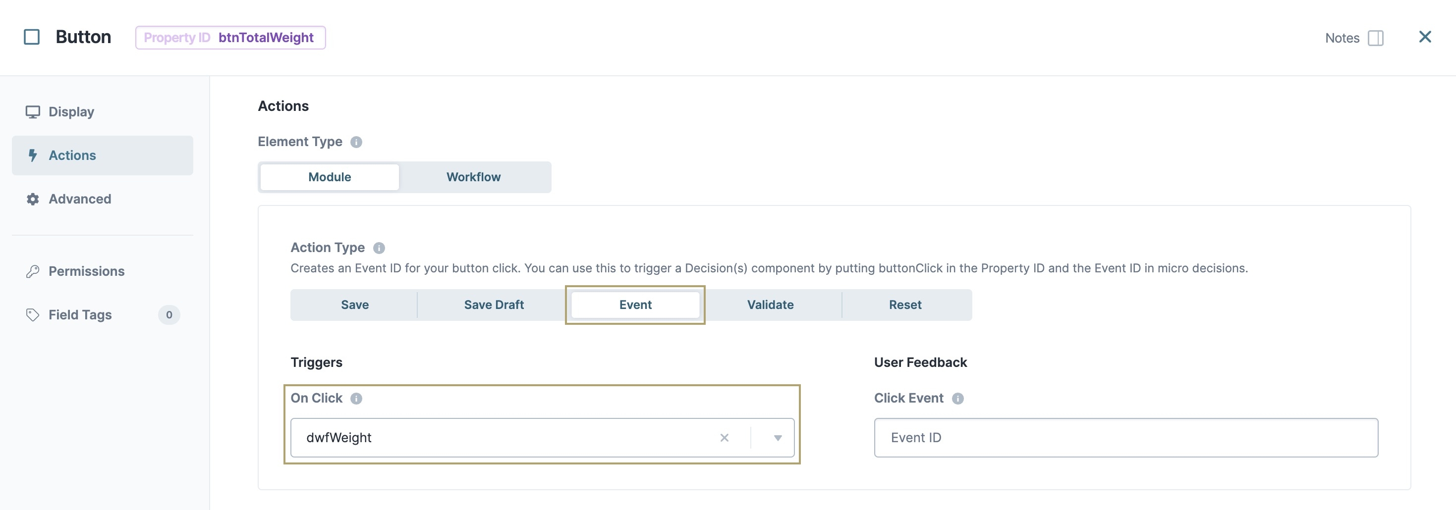 A static image displaying the Button component's completed configuration in the configuration window.