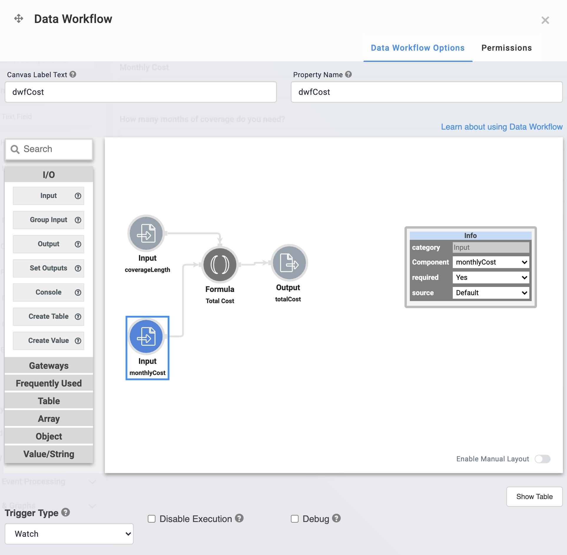 Static image displaying the Data Workflow configuration for the Input Switch operator.