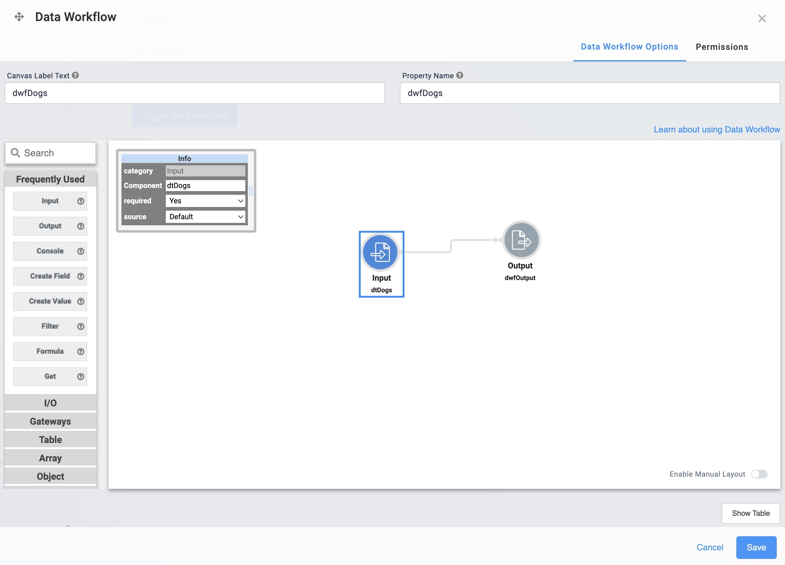 A static image displaying the Input and Output operators on the Data Workflow canvas.
