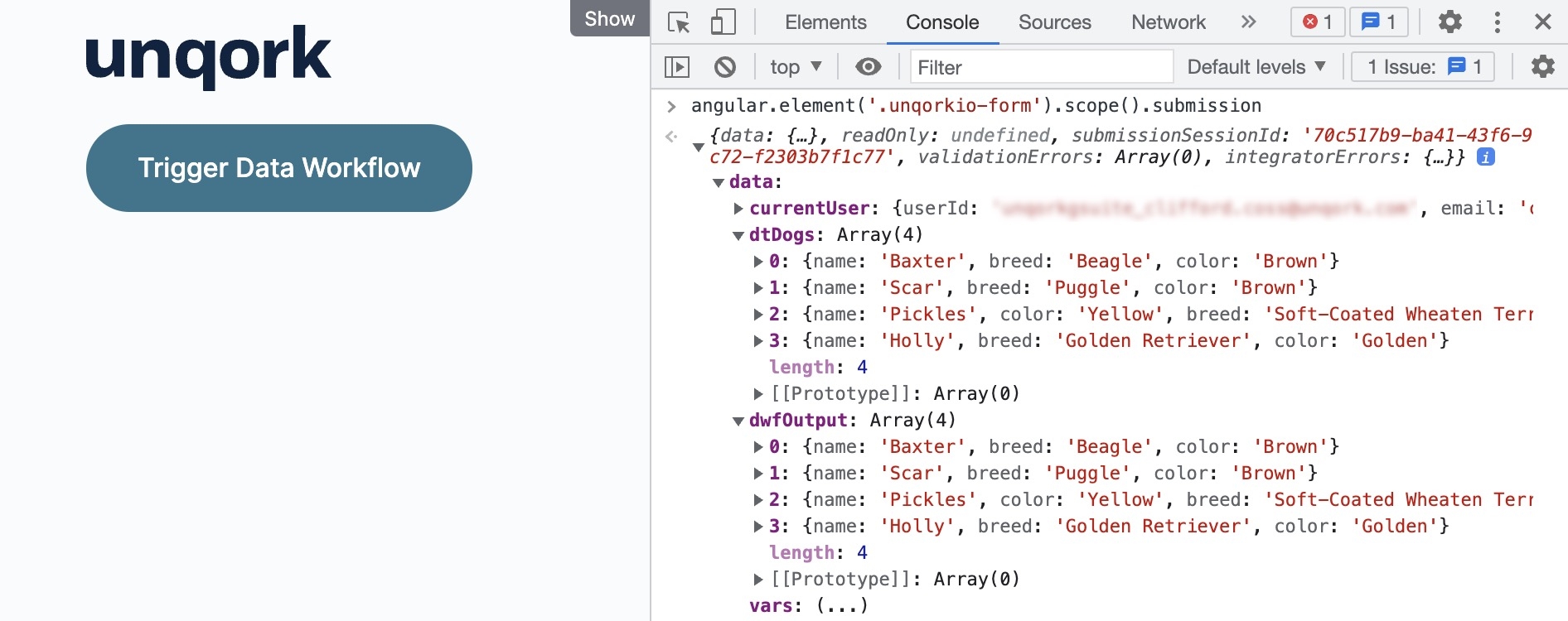 A static image displaying the data in the DevTools Console after clicking the Trigger Data Workflow button.