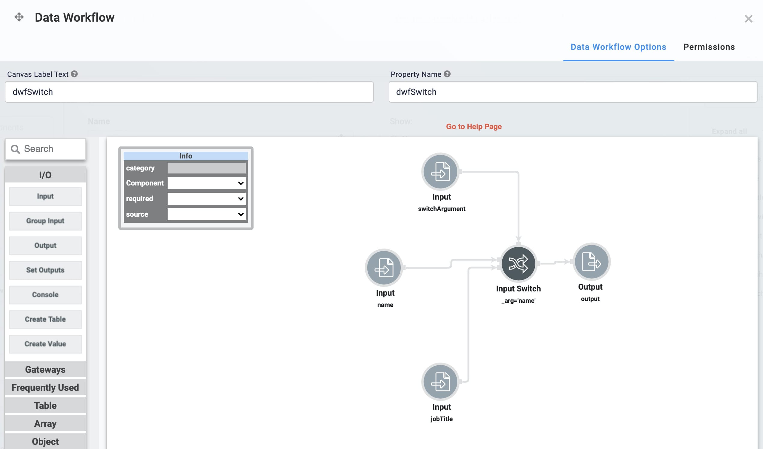 Static image displaying the Data Workflow configuration for the Input Switch operator.