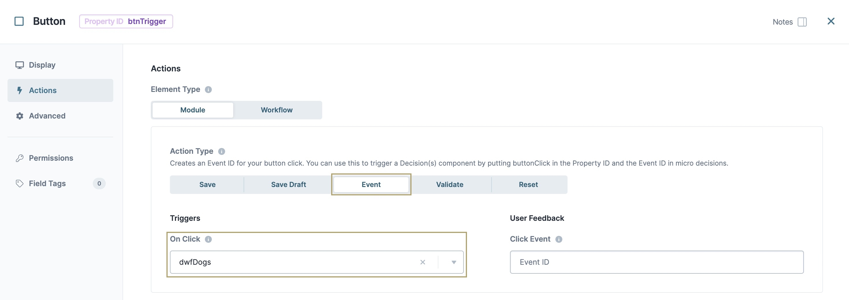 A static image displaying the Button component's configuration with the Event Action Type and dwfDogs On Click trigger.