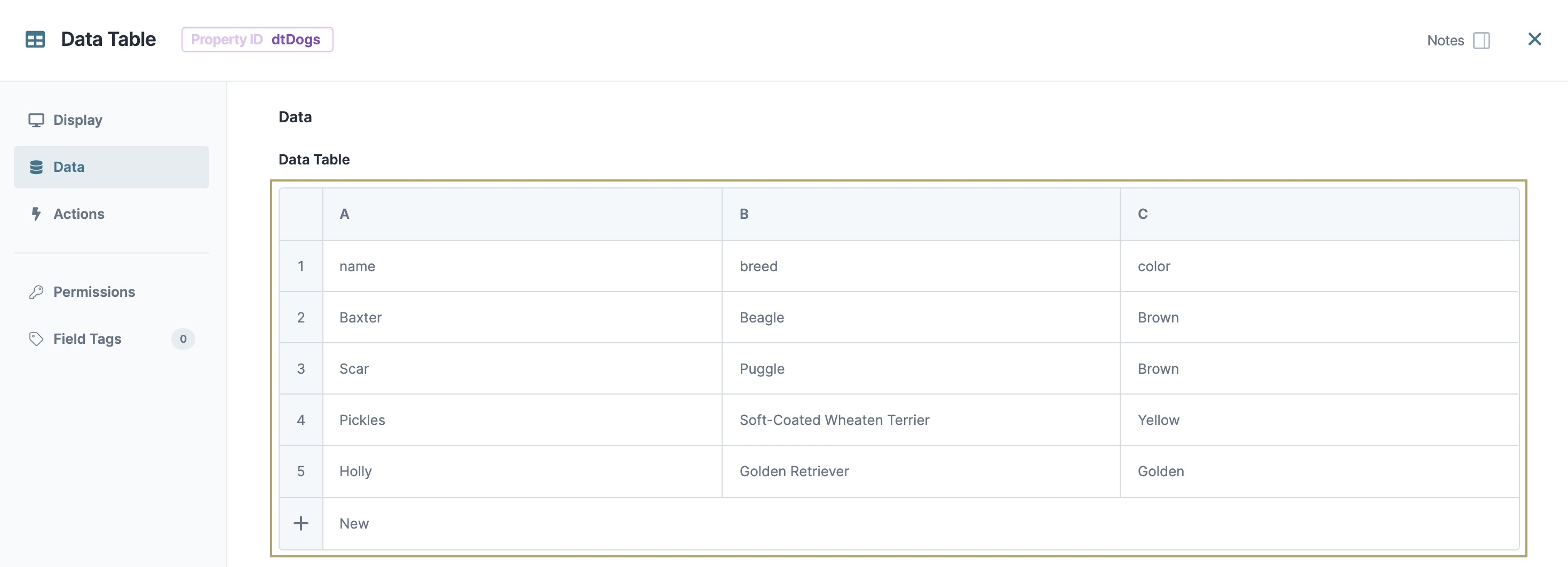 A static image displaying the Data Table component's configuration.