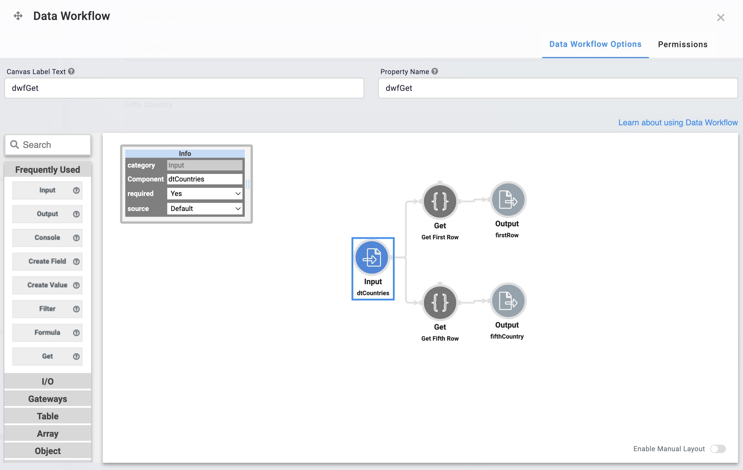 A static image displaying the configured operators on the Data Workflow canvas.